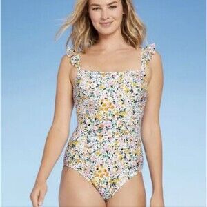 Kona Sol Women’s Ditzy Floral Ruffle One Piece Swimsuit Size Large